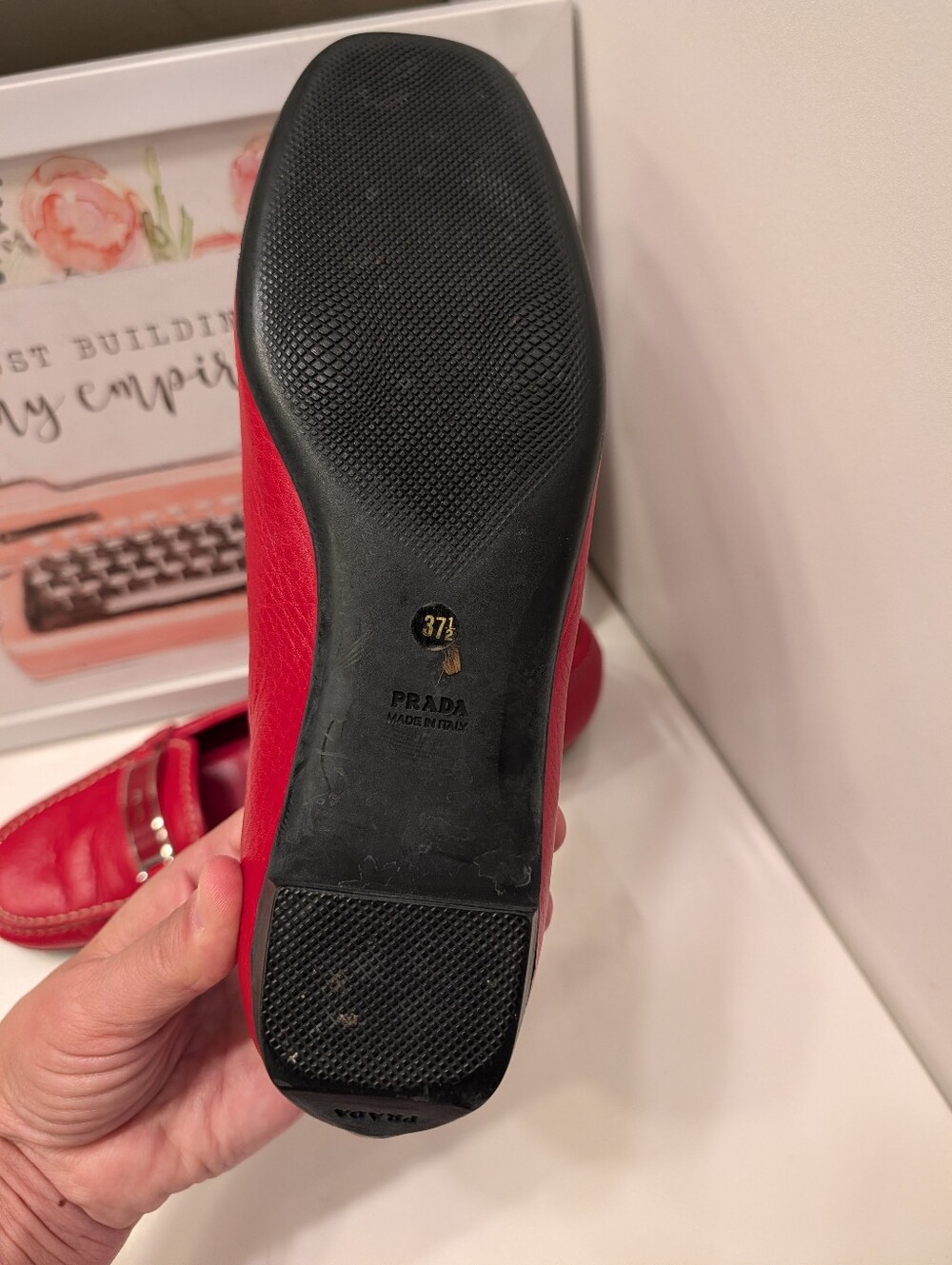 ❤️ Vintage Prada Pebble Leather Slip On Loafers with Metal Logo Bar, 🍒 Red 38.5 - Picture 12 of 16